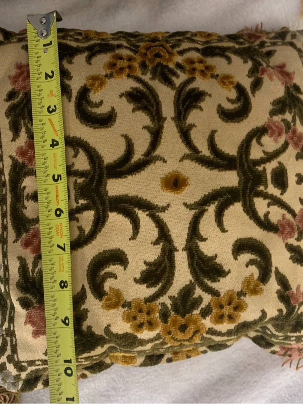 Antique Velvet Damask Floral Throw Pillows with Tassel Trim approx 10 x 10